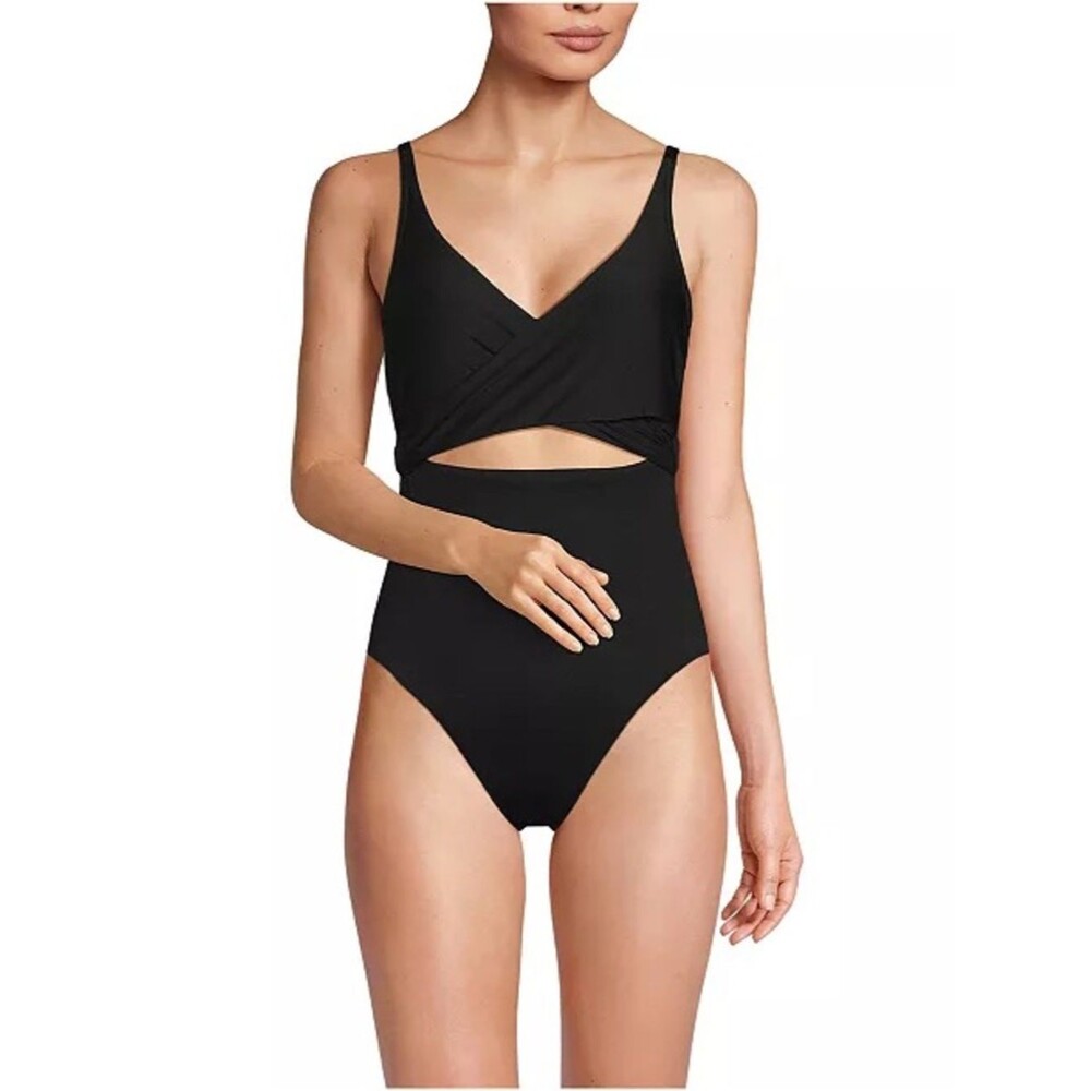 Lands End Swimsuit Wrap Monokini High Leg One Piece Black Size 10 Resort Beach
